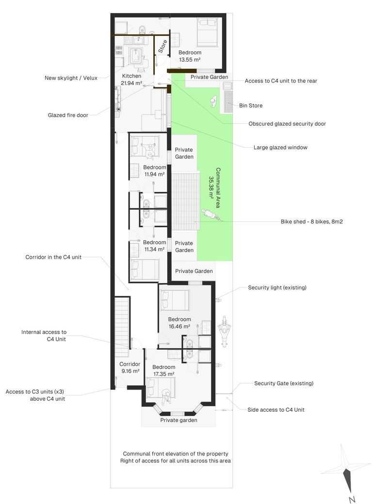 Flat 1 as granted: five en-suite bedrooms and a shared kitchen and living space